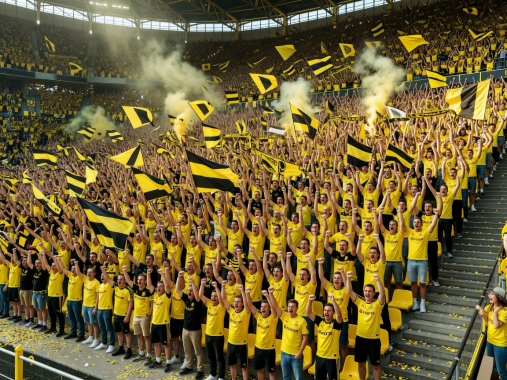 Massive Yellow Wall stand at Signal Iduna Park filled with Borussia Dortmund supporters