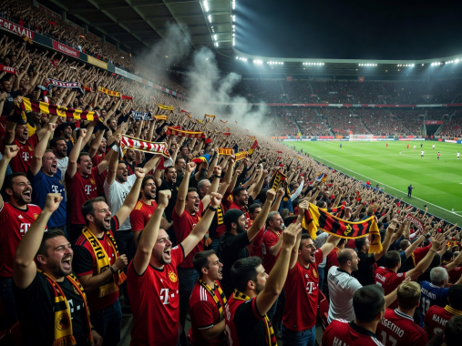 Supporters cheering in a packed Bundesliga football stadium